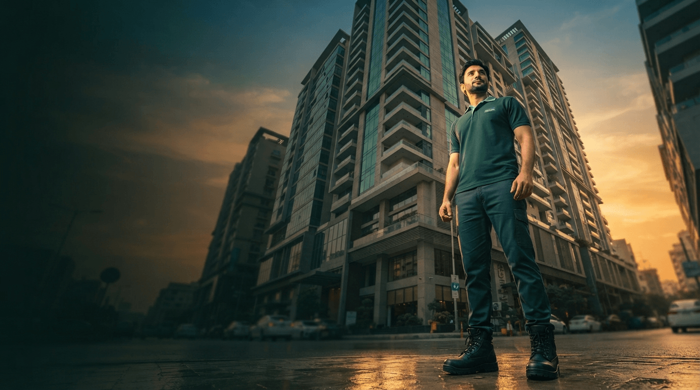 Confident TaskLync professional standing in front of city buildings in Pakistan, ready to serve homeowners