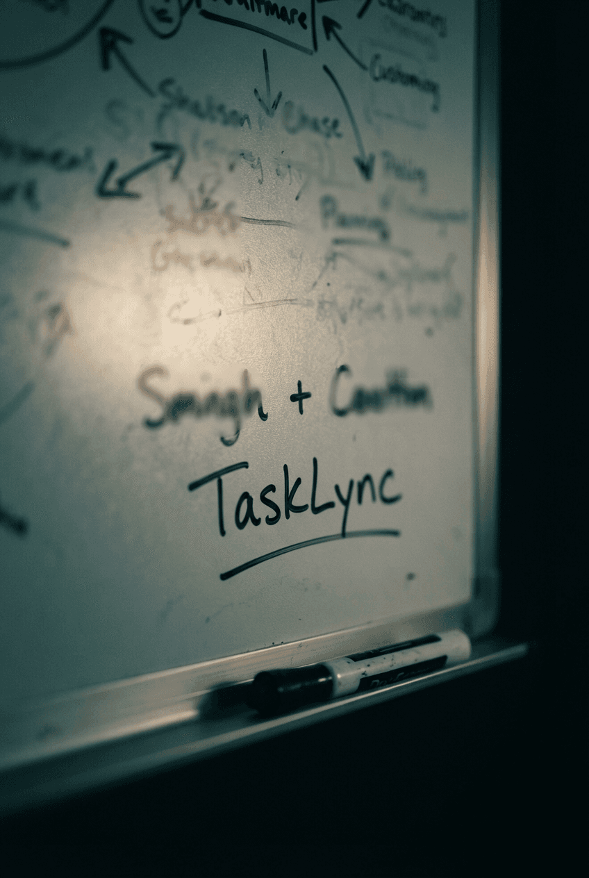 Furqan and co-founder planning TaskLync late at night on a whiteboard
