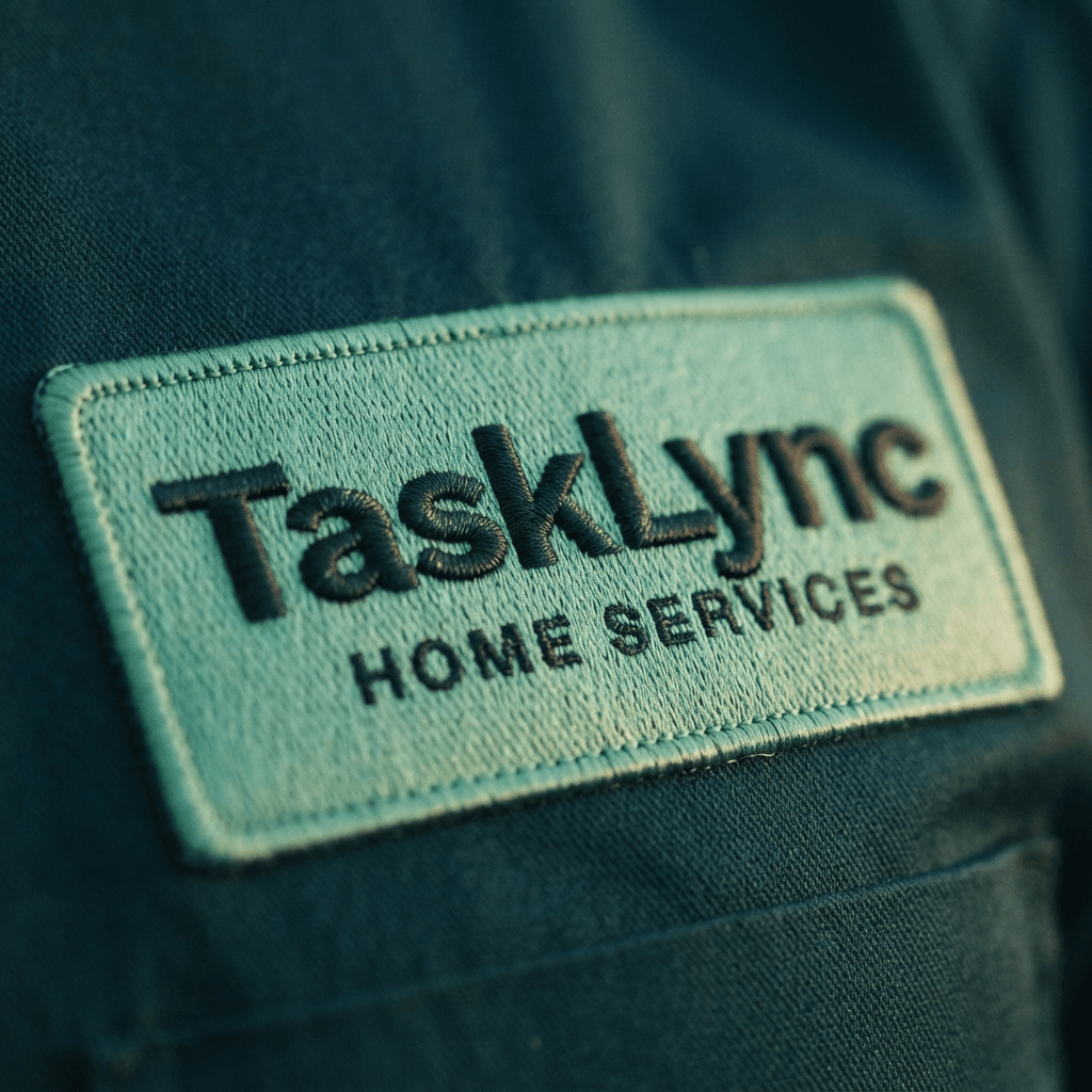 Close-up of a TaskLync badge on a professional's shirt, representing our trusted brand