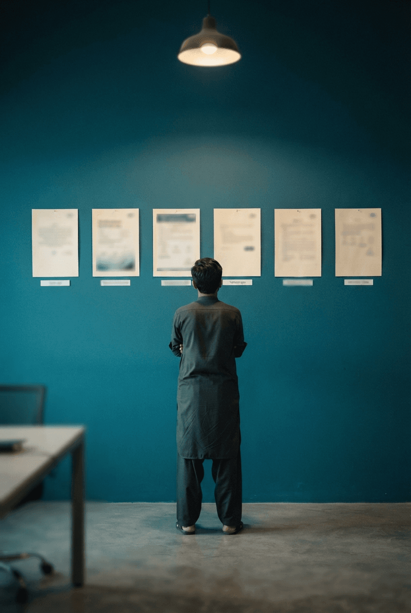 TaskLync team member reviewing documents on an office wall, back toward camera