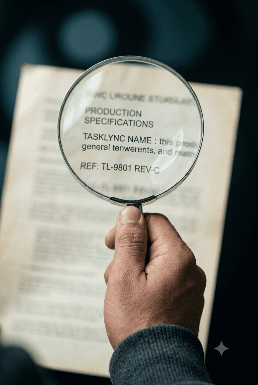 Close-up of a person reviewing a document through a magnifying glass — TaskLync verification process