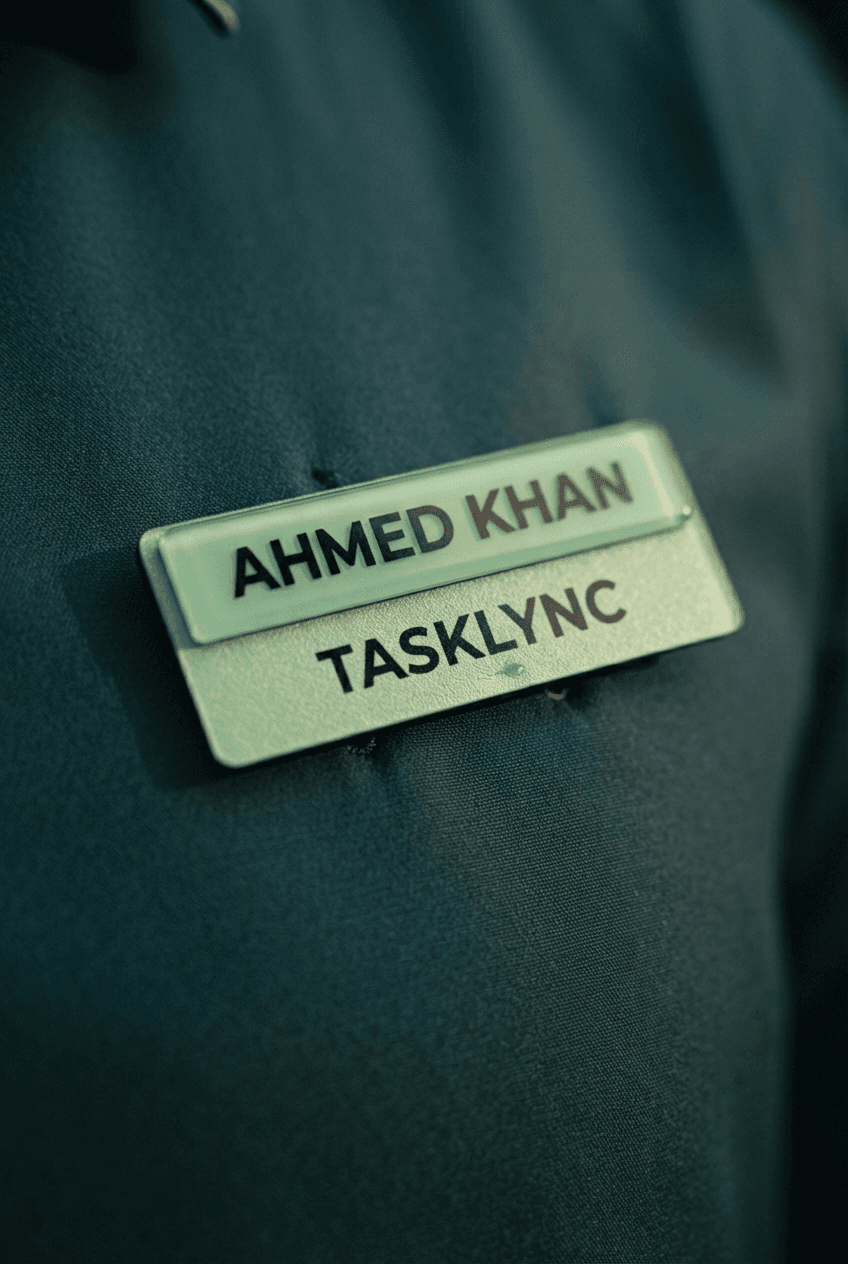 Close-up of a TaskLync worker badge on a shirt showing name and TaskLync branding