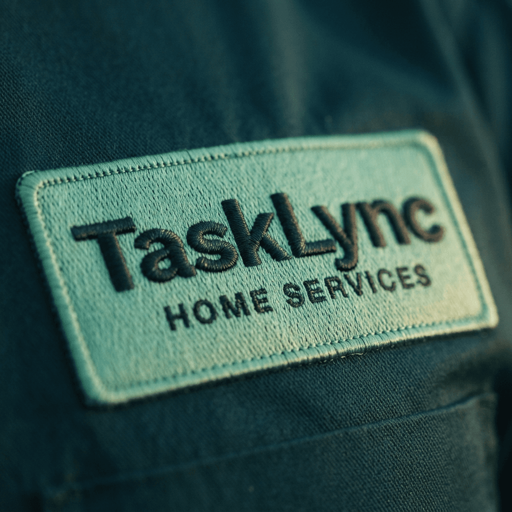 Extreme close up of the TaskLync badge on a verified professional's work shirt