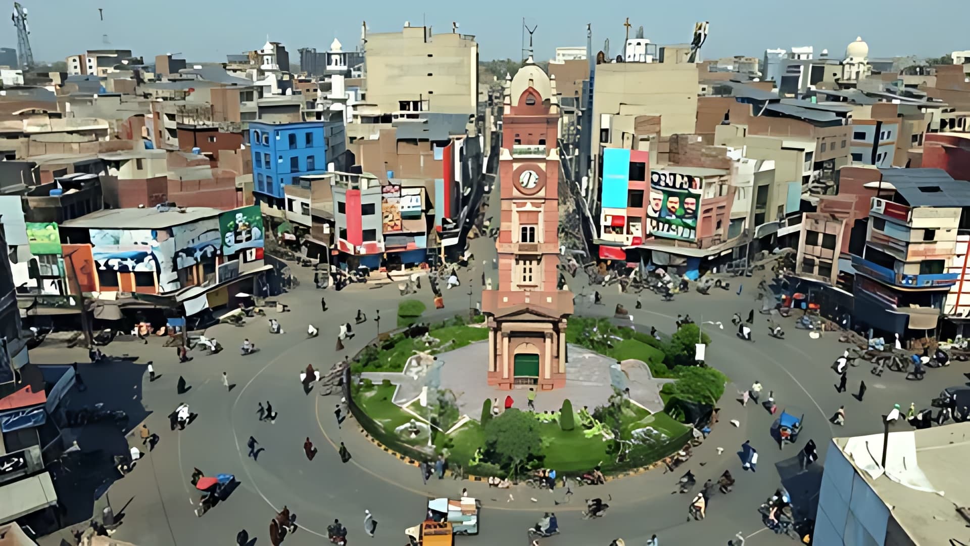 Aerial drone shot of the Faisalabad clock tower, the city where TaskLync is starting