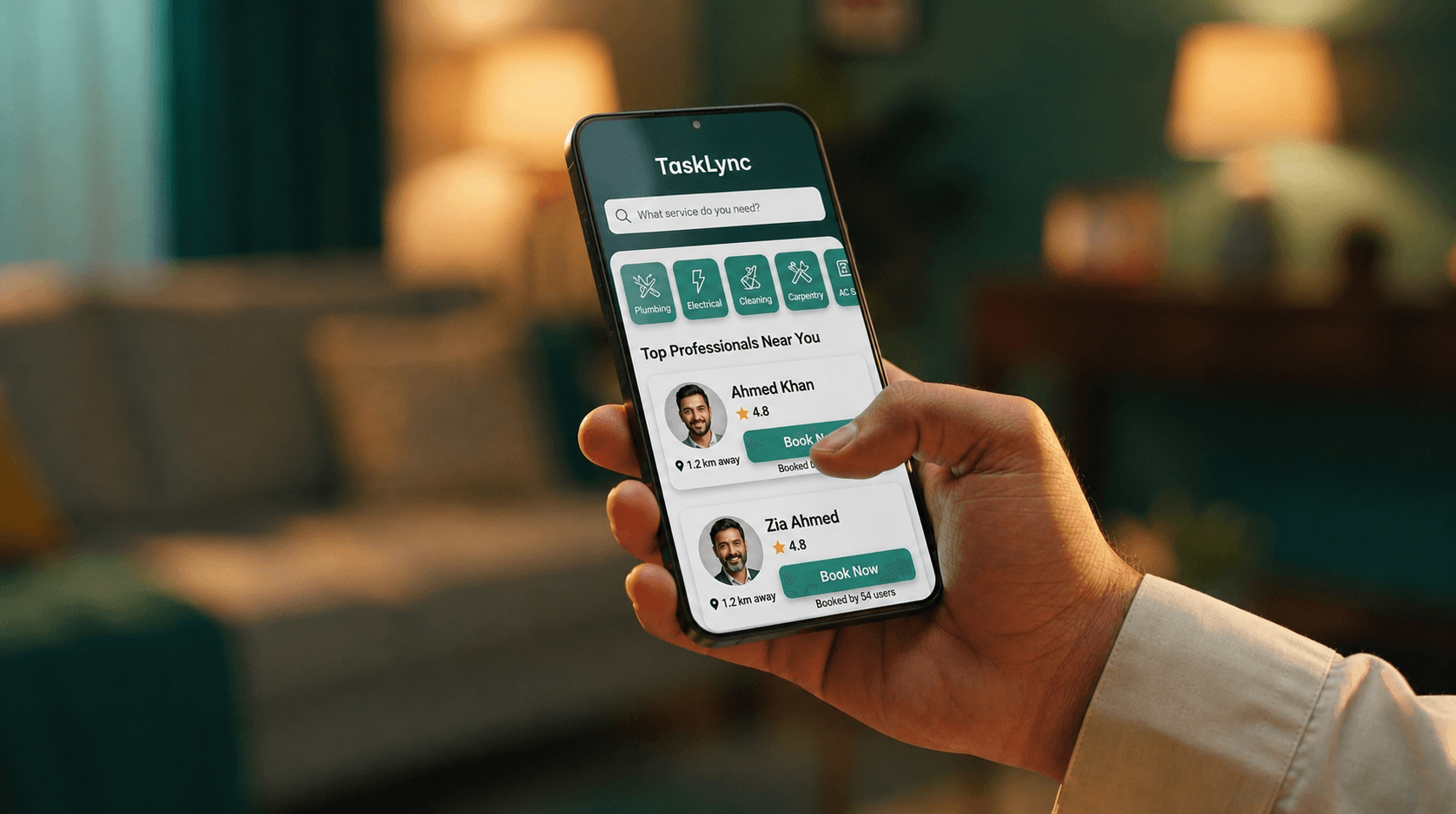 A homeowner booking a verified professional through the TaskLync app