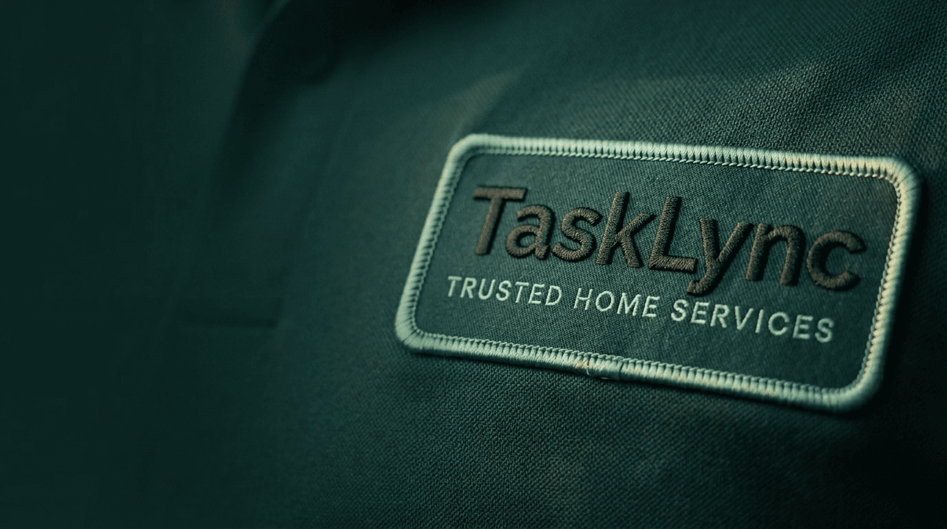 Extreme close up of the TaskLync badge on a verified professional's work shirt