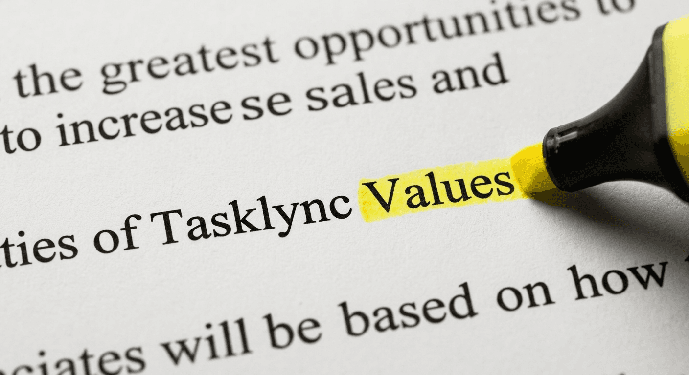 Close up shot of a paragraph written on paper in a notebook, with the words TaskLync Values and Values highlighted
