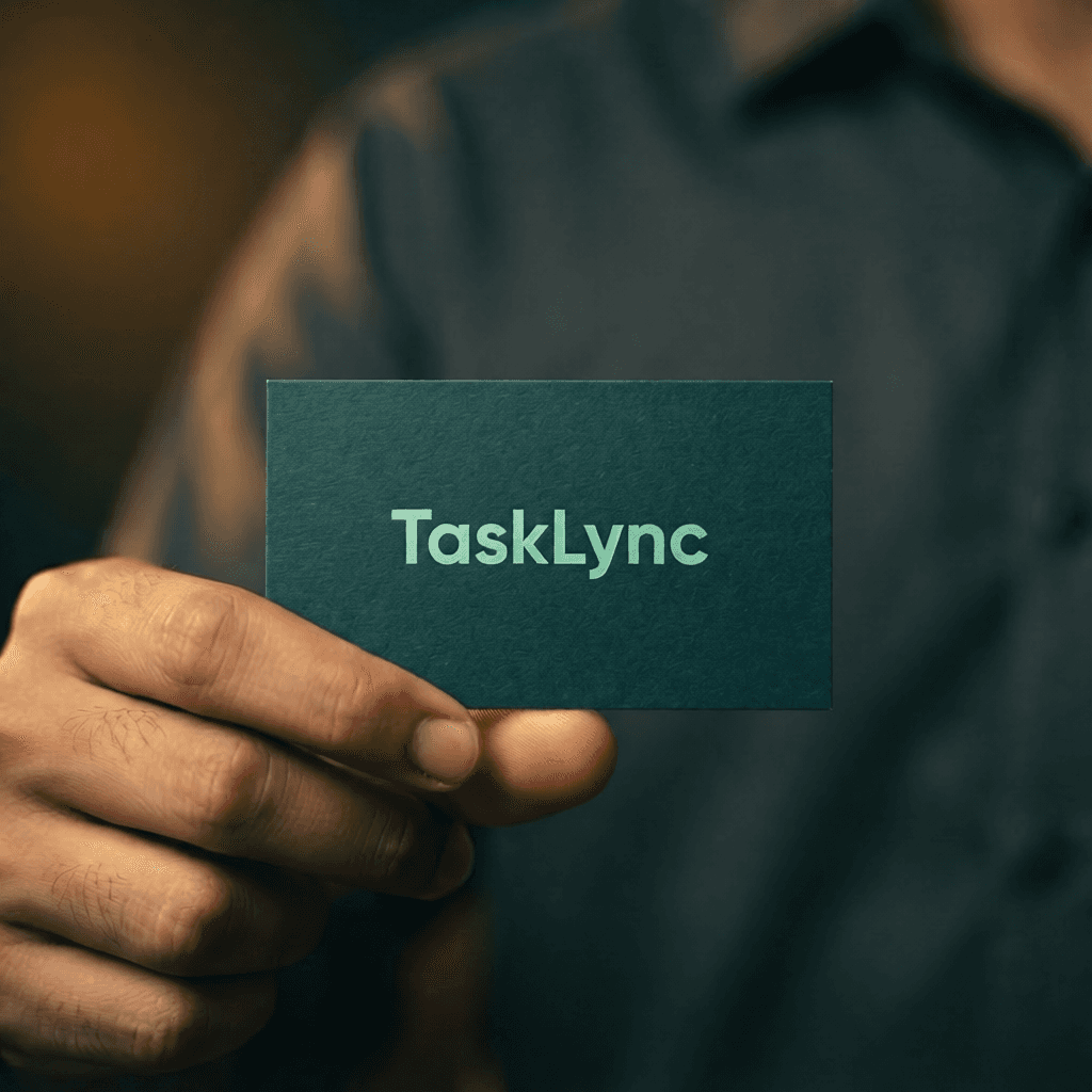 Close up shot of a TaskLync co founder holding a TaskLync business card
