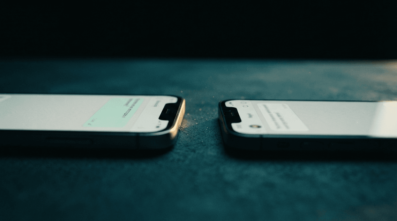 Two phones resting on a table facing each other, symbolising a conversation with TaskLync support