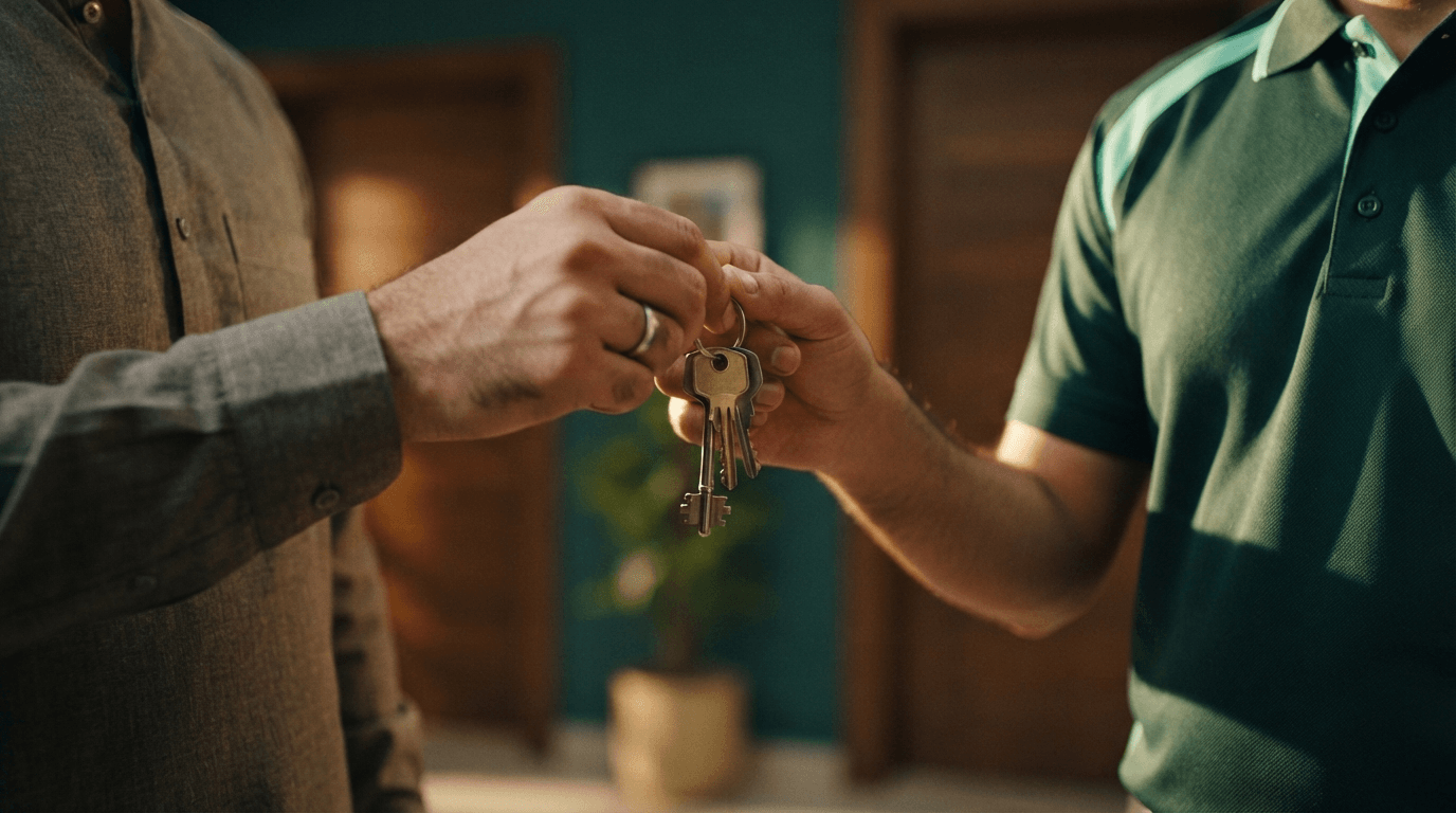 TaskLync professional and Pakistani homeowner exchanging house keys, representing mutual trust and safety