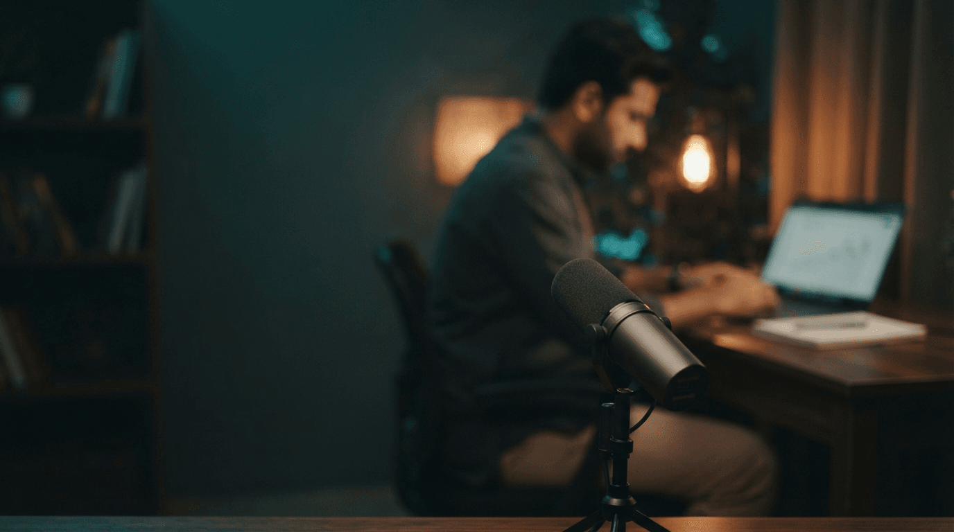 Microphone in the foreground with a speaker in the background, representing TaskLync's media presence