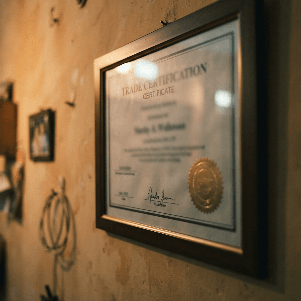 Trade certificate hanging on a wall representing TaskLync professional licensing verification